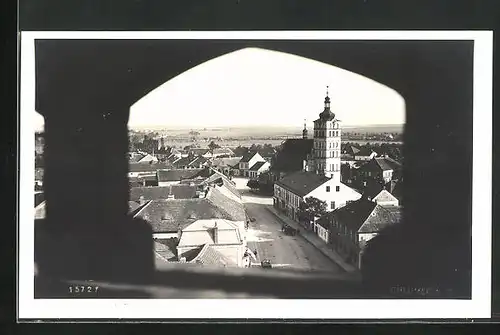 AK Chlumce, Blick auf die Stadt mit Kirche und Hauptplatz