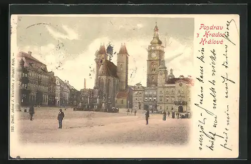 Lithographie Königgrätz / Hradec Kralove, Passanten am Denkmal auf dem Hauptplatz