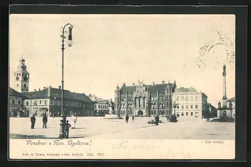 AK Novy Bydzov, Cast namesti, Radnice, Kostel