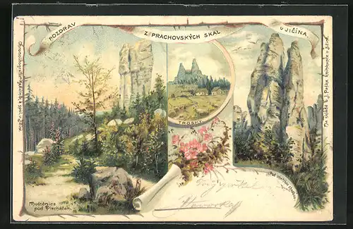 Lithographie Zamosti-Blatna, Z Prachovskych Skal u Jicina, Mostenice pod Piechacem, Partie unter dem Felsen