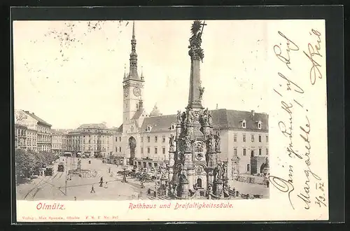 AK Olmütz, die Dreifaltigkeitssäule vor dem Rathaus