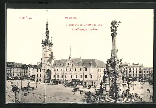 AK Olmütz, Oberring, Nordseite mit Rathaus und Dreifaltigkeitssäule