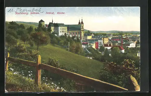 AK Sternberg in Mähren, Blick auf Schloss und Kirche über der Stadt