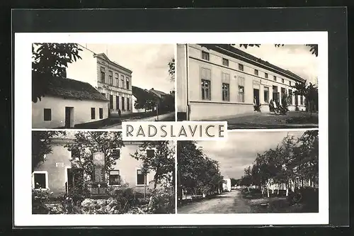 AK Radslavice, Strasse durch den Ort, am Gedenkstein, vor der Schule