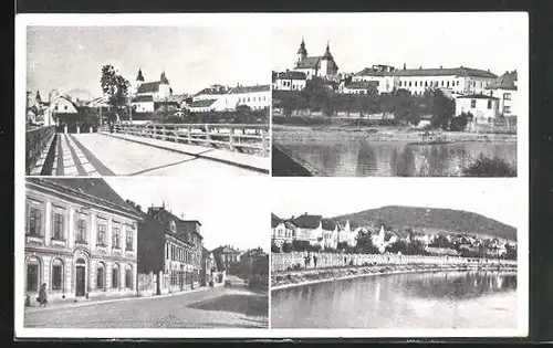 AK Hranice n. B., illen am Flussufer, auf der Brücke, Häuserfronten in der Stadt