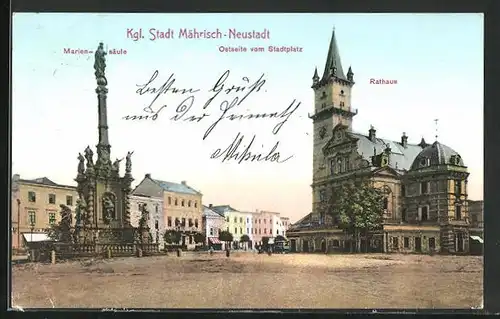 AK Mährisch Neustadt, Rathaus und Mariensäule auf dem Stadtplatz