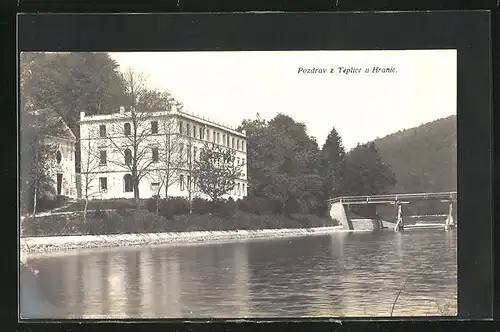 AK Teplice, Haus am Ufer, neben der kleinen Brücke