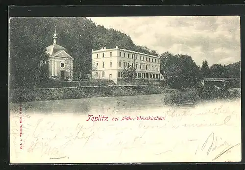 AK Teplitz i. Mähren, an der kleinen Kapelle am Ufer