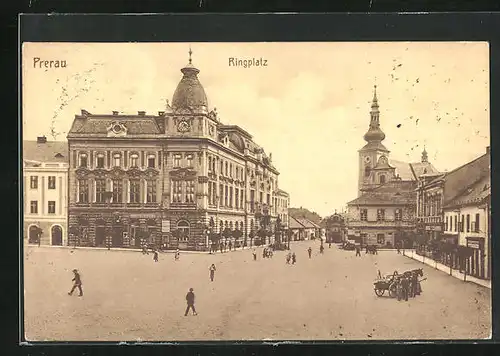 AK Prerau, auf dem Ringplatz, Blick zur Kirche