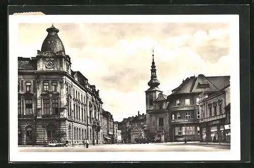 AK Prerov, Hauptplatz, Geschäft Sobol, Blick zur Kirche