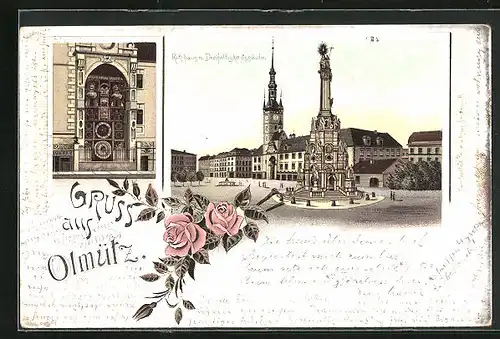 Lithographie Olmütz, Rathaus mit Dreifaltigkeitskirche, Astronomische Uhr