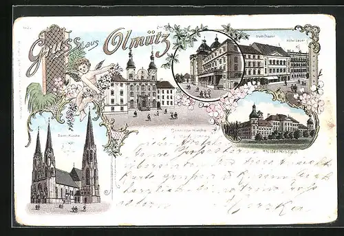 Lithographie Olmütz, Garnisonkirche, Kloster Hradisch, Stadttheater & Hotel Lauer