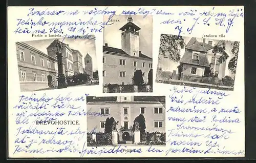 AK Drevohostice, Partie u kostela, Jarosova vila, Zamek & Prucel