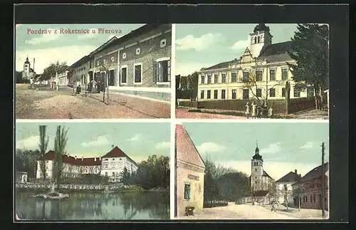 AK Rokytnice, Rathaus, Kirche, Schloss mit Teich & Strassenpartie