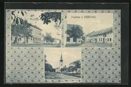 AK Merovice, Blick zur Kirche, Strassenpartie & Gebäudeansicht