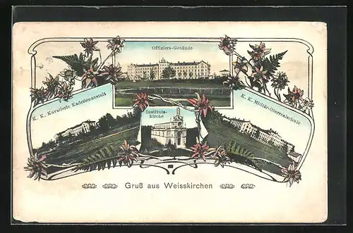 Lithographie Weisskirchen, Offziersgebäude, K.K. Kavalleriekaserne, Institutskirche, K.K. Militäroberschule