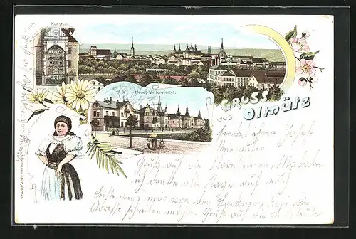 Lithographie Olmütz, Gesamtansicht, Neues Villenviertel, Kunstuhr, Mädchen in Tracht