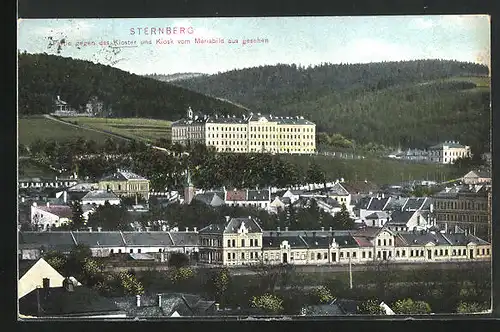 AK Sternberg in Mähren, Partie gegen das Kloster und Kiosk vom Mariabild aus gesehen