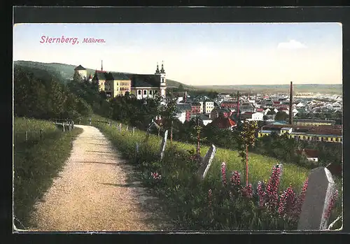 AK Sternberg in Mähren, auf der Strasse über den Fabriken der Stadt