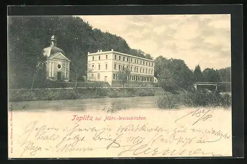 AK Teplitz, am Flussufer mit der kleinen Kapelle