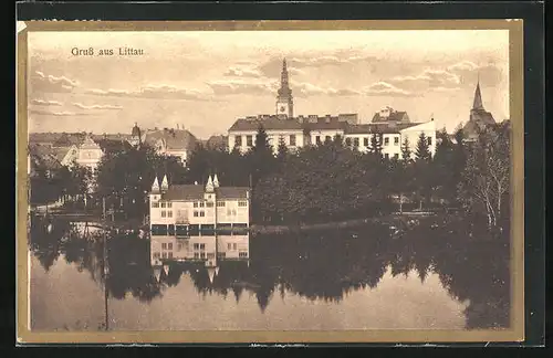 AK Littau, Uferanlagen im Park, Blick zu den Kirchtürmen