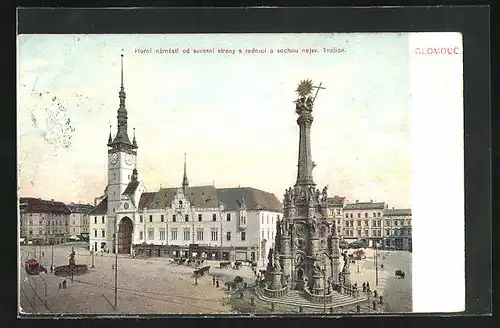 AK Olomouc, Horni namesti os severni strany s radnici a sochou nejsv. Trojice