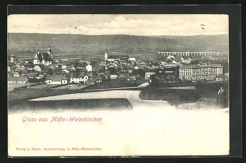 AK Mährisch-Weisskirchen, Totalansicht mit der Brücke im Hintergrund