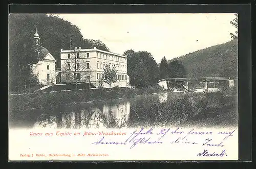 AK Teplitz in Mähren, Kapelle am Ufer, die kleine Brücke