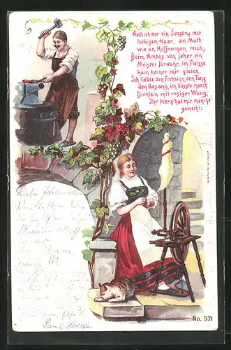 Lithographie Schmied am Amboss arbeitend, Frau sitzt am Spinnrad
