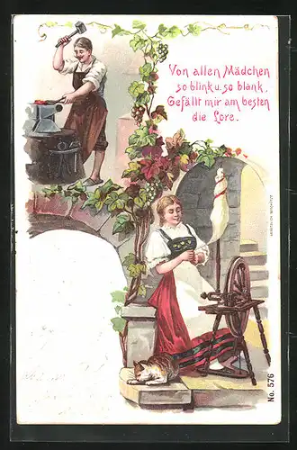 Lithographie Schmied am Amboss arbeitend, Frau sitzt am Spinnrad