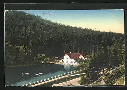 AK Freiheitsau, Partie mit See und Gasthaus