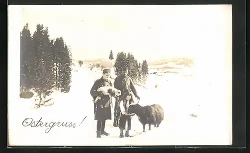 AK Soldaten und Mädchen mit Osterlamm in Winterlandschaft