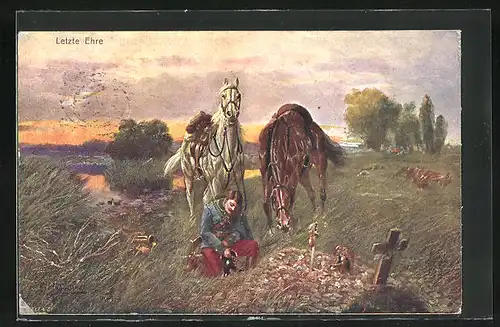Künstler-AK Soldat mit Pferden vor Grabstätte im Abendlicht