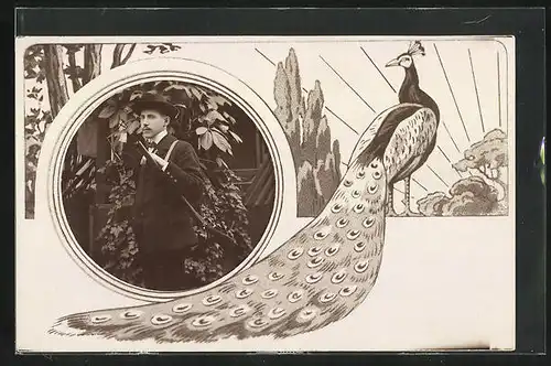 Foto-AK Junger Mann im Anzug mit und Gewehr, Pfau