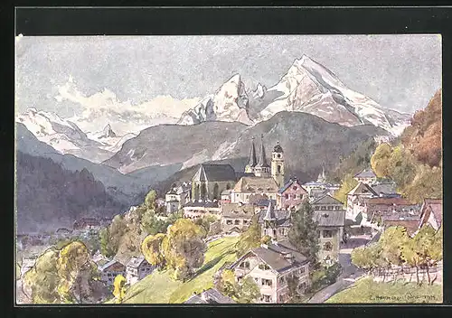 Künstler-AK Edward Harrison Compton: Berchtesgaden, Ortsansicht und Berge