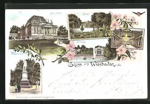 Lithographie Wiesbaden, Kaiser Wilhelm-Denkmal, Neues Theater, Kurhaus