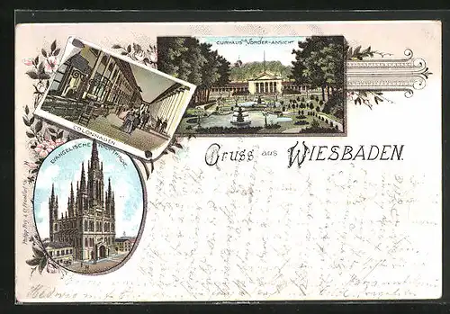 Lithographie Wiesbaden, Evang. Hauptkirche, Kurhaus, Colonnaden