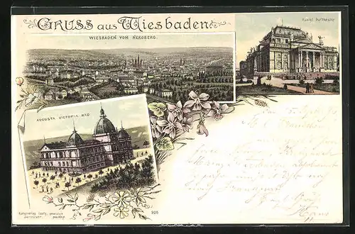 Lithographie Wiesbaden, Kgl. Hoftheater, Augusta Victoria Bad, Gesamtansicht