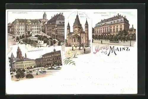 Lithographie Mainz, Grossherzogl. Schloss, Schillerplatz, Gutenbergplatz