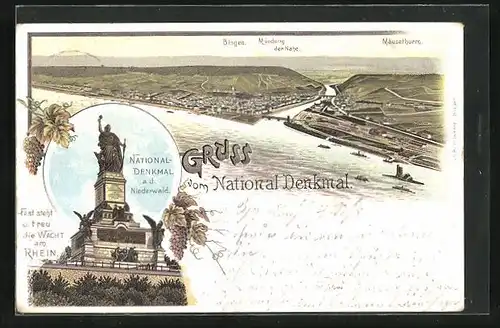 Lithographie Bingen / Rhein, Nationaldenkmal a. d. Niederwald, Gesamtansicht