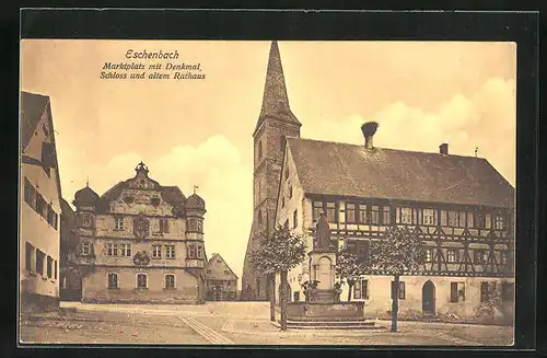 AK Eschenbach, Marktplatz mit Denkmal, Schloss und altem Rathaus