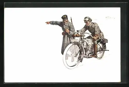 Künstler-AK sign. K. W. Boehmer: Wachsoldat weist einem Kradmelder in Uniform den Weg, Motorrad