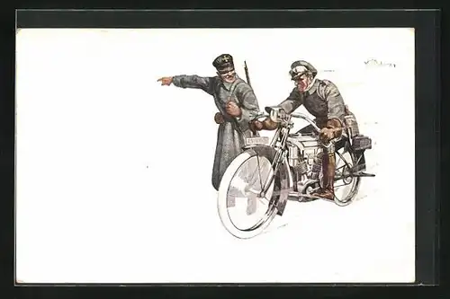 Künstler-AK sign.K. W. Boehmer: Wachsoldat weist einem Kradmelder in Uniform den Weg, Motorrad