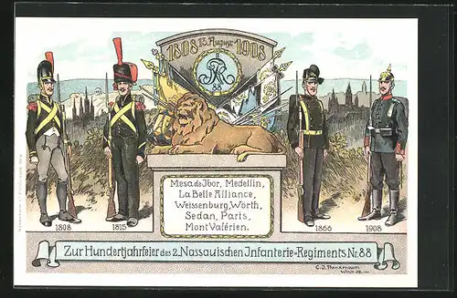 Künstler-AK Hundertjahrfeier des 2. Nassauischen Infanterie-Regiments Nr. 88, Uniformen zwischen 1808 und 1908