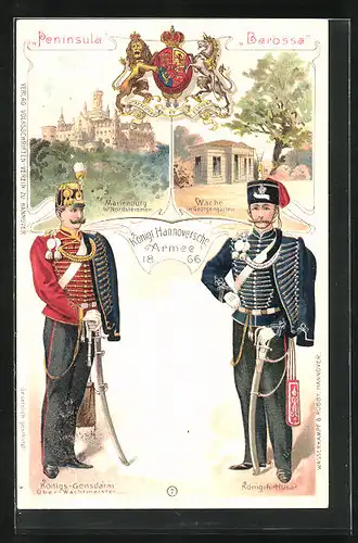 Lithographie Uniform der Kgl. Hannoverschen Armee 1866, Königs-Gensdarm, Königin-Husar, Peninsula, Barossa