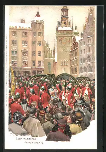 Künstler-Lithographie Paul Hey: München, Schäfflertanz auf Marienplatz