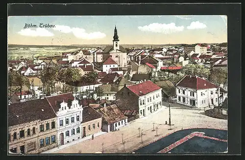 AK Böhmisch Trübau, Strassenpartie und Kirche aus der Vogelschau