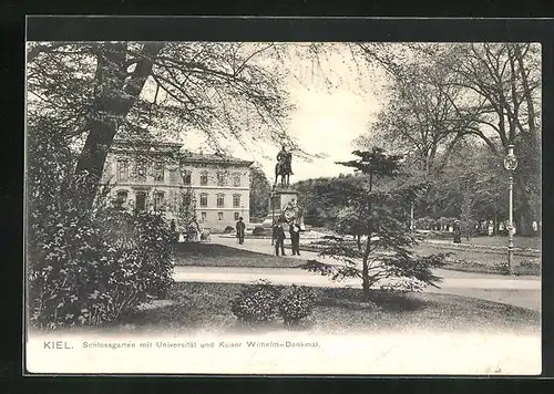 AK Kiel, Schlossgarten mit Universität und Kaiser Wilhelm-Denkmal