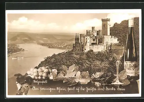 AK Stolzenfels, Schloss, Blick ins Rheintal, Rüdesheimer Wein