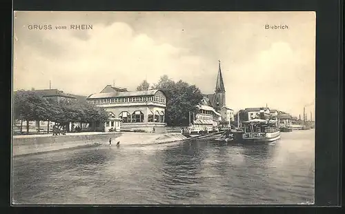 AK Biebrich, Rheindampfer an der Anlegestelle